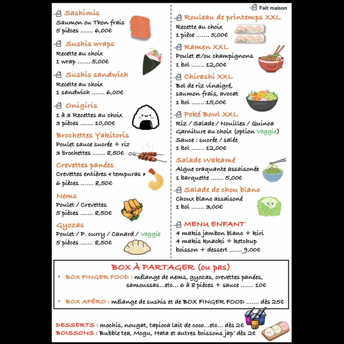 menu rouleaux de printemps poké bowl nems sashimis chirashi Cahors