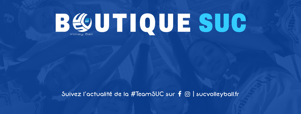 Image décorative avec texte "Suivez l'actualité de la Team SUC sur Facebook, Instagram et sur sucvolleyball.fr"