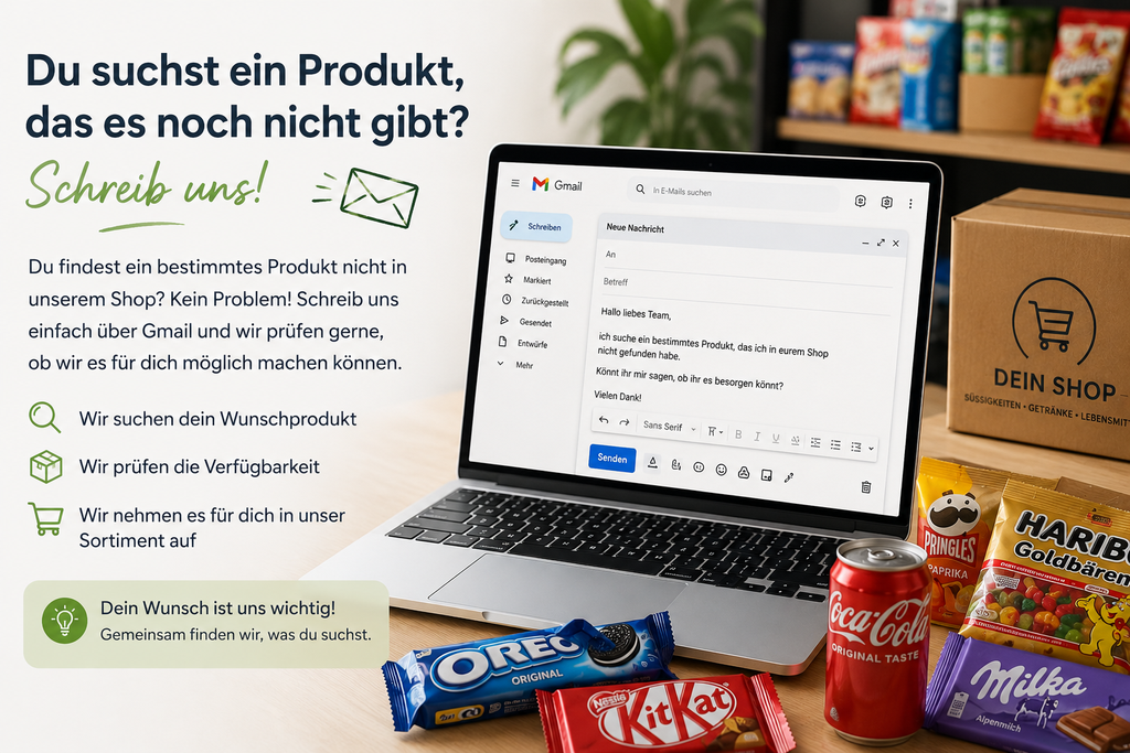 Produkt nicht gefunden? Kein Problem!

Du suchst ein bestimmtes Produkt, das aktuell nicht in unserem Shop verfügbar ist? Dann sende uns einfach eine Anfrage per E-Mail. Wir prüfen gerne, ob wir den gewünschten Artikel für dich beschaffen und in unser Sortiment aufnehmen können. Kundenzufriedenheit steht bei uns an erster Stelle!