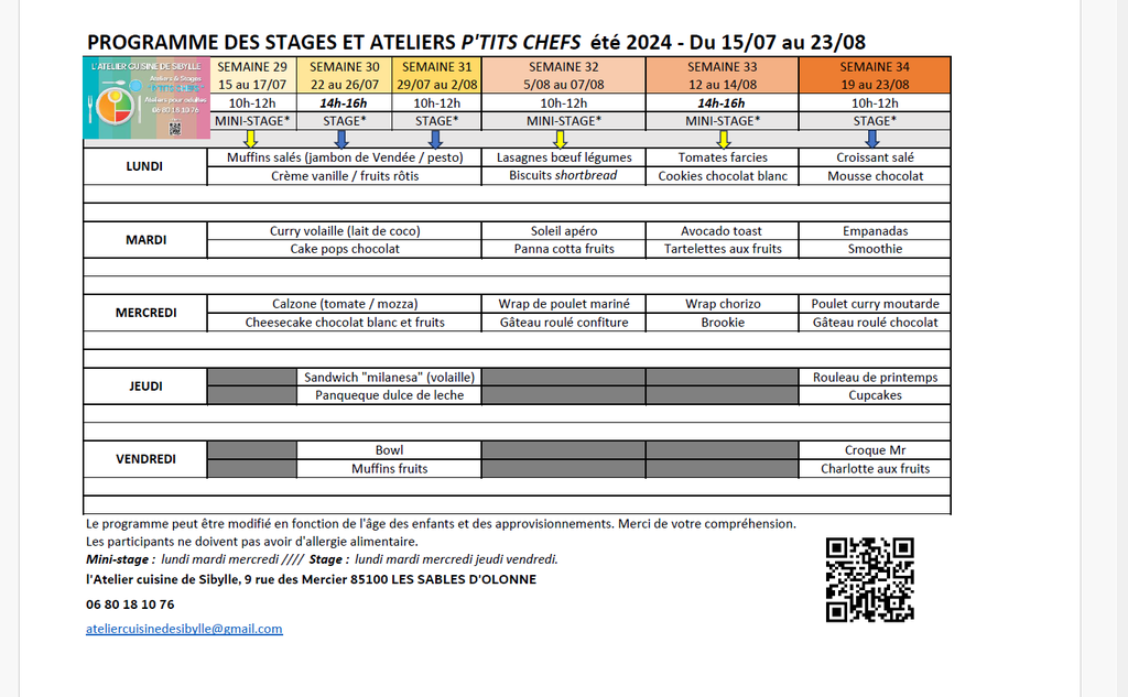 Programme des stages enfants Les Sables d'Olonne été 2024