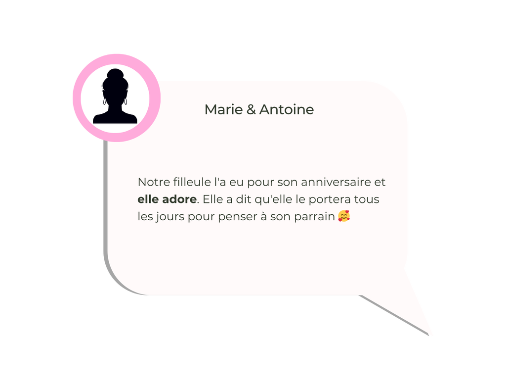 Notre filleule l'a eu pour son anniversaire et elle adore. Elle a dit qu'elle le portera tous les jours pour penser à son parrain 🥰