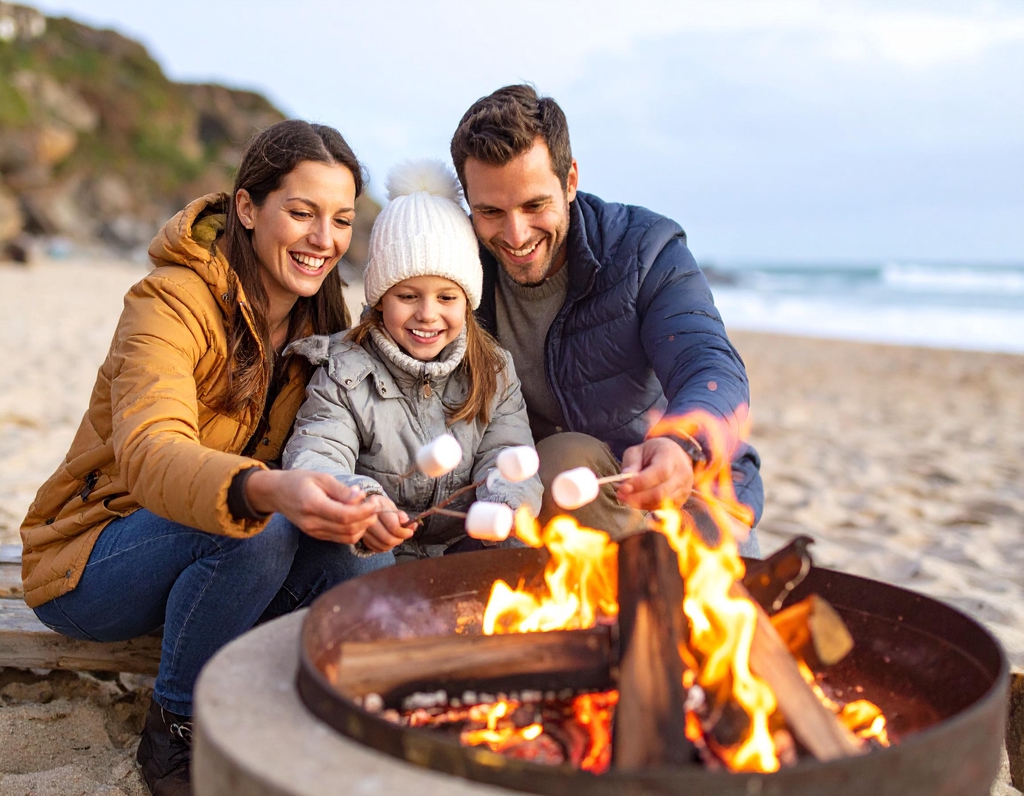 Family toasting Marshmallows over an open fire pit on a Cornish Beach.