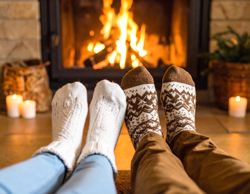A couple's feet warming by a winter fire. Cornish Firebox
