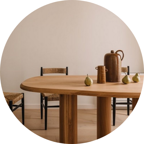 Wooden Items collection, offering wooden lamps, stools, shelves, jute mats
