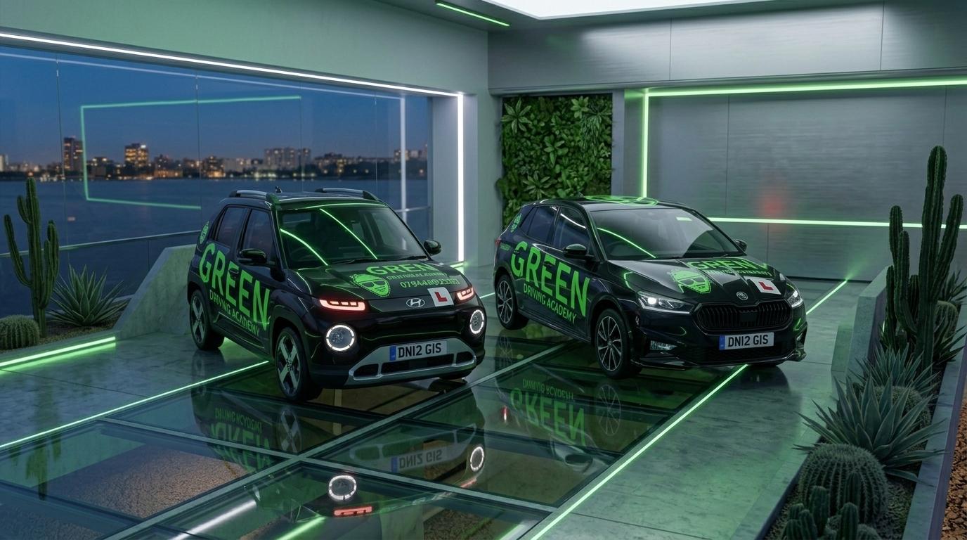 To driving school cars in a showroom advertising our driving school and driving lessons