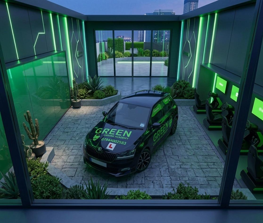 Green Driving Academy promotional graphic featuring automatic driving lessons in Dartford, Bexley, and Sidcup with Grade A DVSA instructor details, key benefits, and booking information