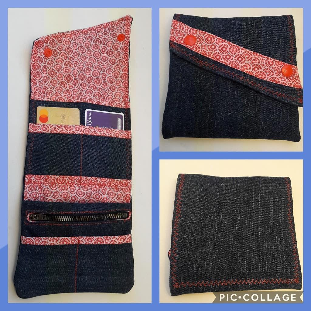 Portefeuille carré en jean, doublé coton oekotex graphique rouge.
Avec une poche zippée pour les pièces et de nombreux rangements pour les billets, les cartes, ...