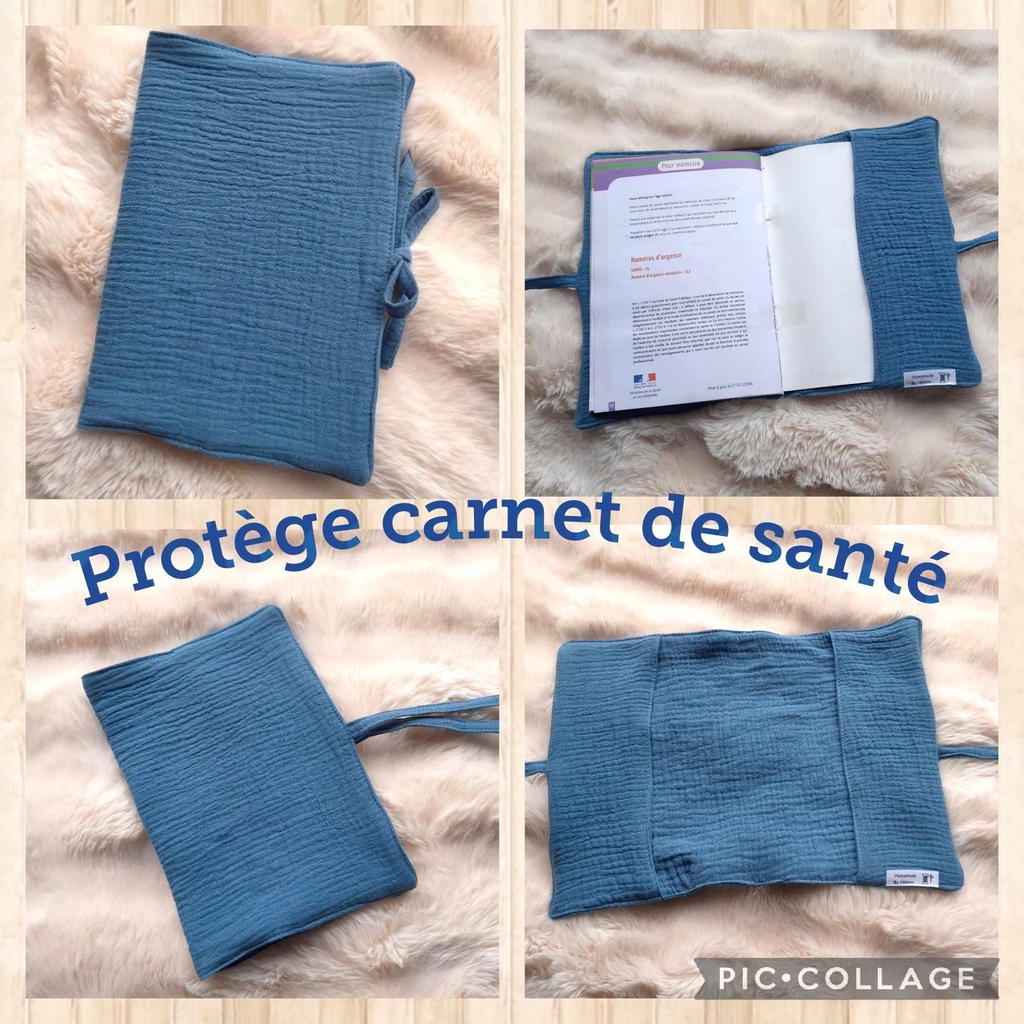 protège carnet de santé en double gaze de coton bleue, pour compléter le trousseau existant.
Un modèle à nouer pour préserver la double gaze et avoir un produit qui dure.