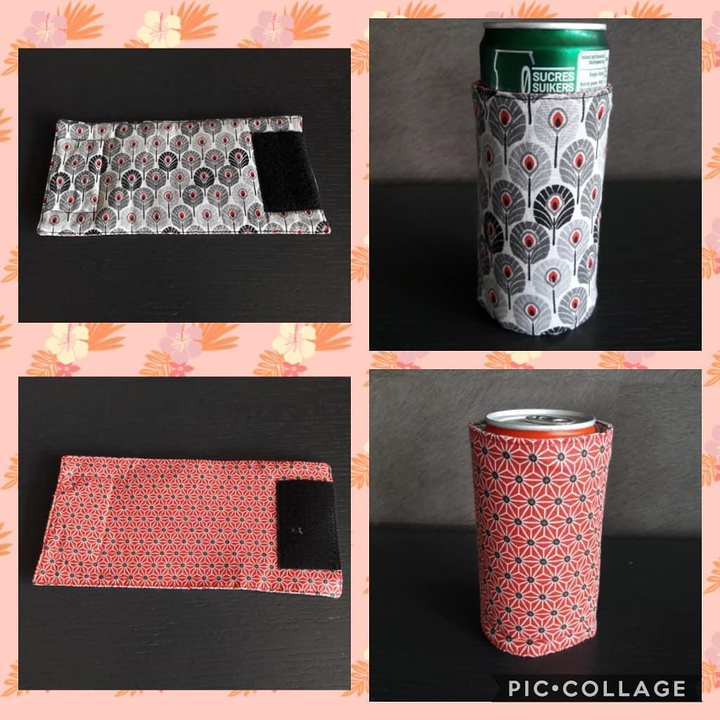 En Australie nous l'appellions cooler, un produit pour garder les boissons fraîches.
Sur Internet je le trouve sous le nom de koozie.
Plus simplement, il s'agit d'un étui à canettes 😉

Un projet sur mesure réalisé pour une personne ne pouvant pas tenir les canettes fraîches.
Grâce à son scratch large, il s'adapte aux deux formats de canette.