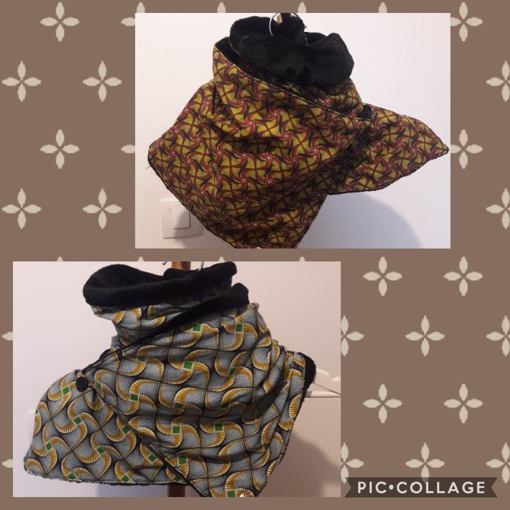 Duo d'écharpes double tour, idéal pour combattre le froid !
Fermeture par bouton.

Réalisé dans un coton décor wax vert/jaune et rouge/jaune.
Doublé d'une douillette noire ultra douce.
Hauteur environ 30cm.
Longueur 130cm.