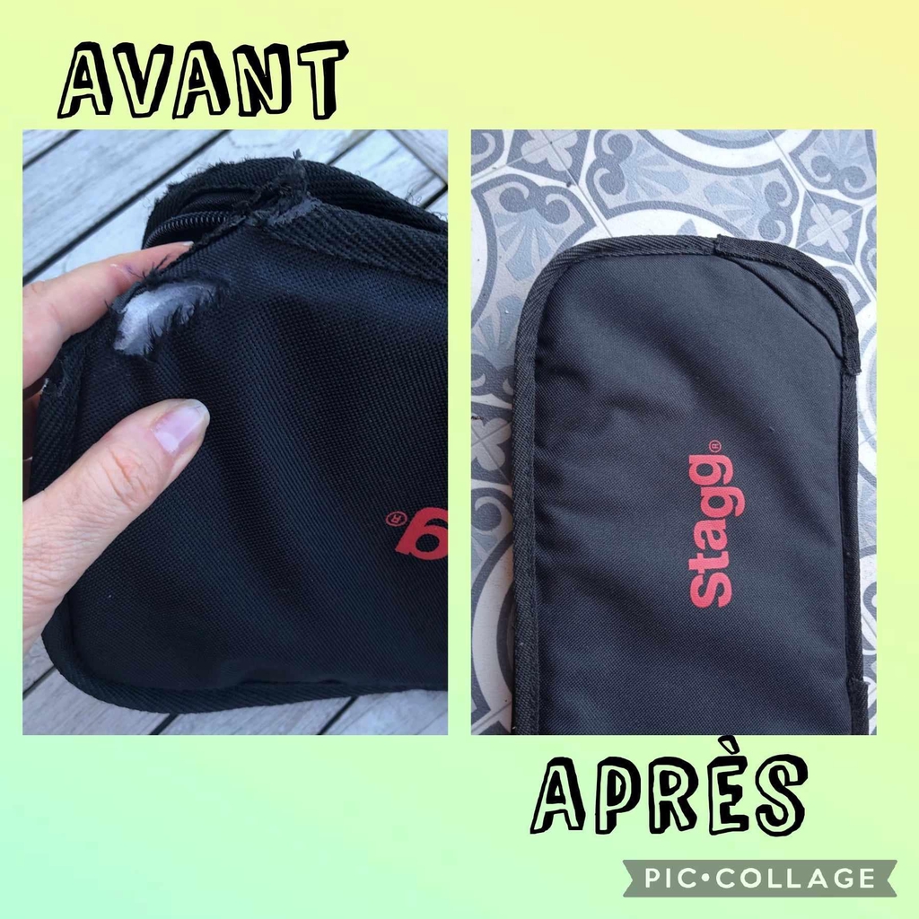 Une pochette a guitare craquée sur le haut.
On démonte, on renforce, on remonte, et c'est reparti pour une seconde vie !