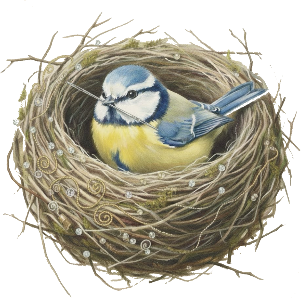 Image d'une mésange qui tisse son nid avec des perles, de broderie or, de cannetille et une aiguille