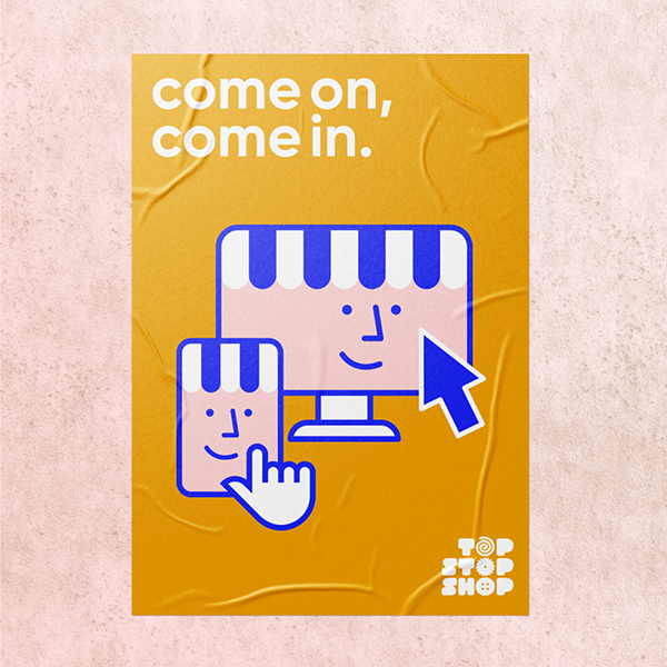 come on, come in. topstop.shop ist der e-Kiosk für Textil, Objekt & Print. Das Bild zeigt zwei Screens im Stil eines Kiosk mit Markise als Symbol für den Online-Shop.