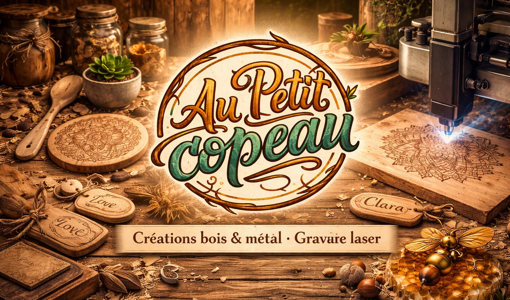 Bienvenue chez Au Petit Copeau, atelier artisanal spécialisé dans la création d’objets en bois et métal avec gravure laser.

Des pièces uniques, façonnées avec passion et précision, pour donner vie à vos idées.
