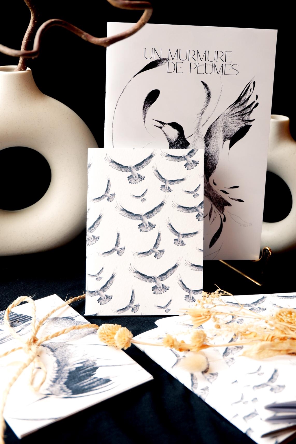 Collection d'illustration en noir et blanc autour des oiseaux, avec un livret, des cartes postales et un carnet fait-main 