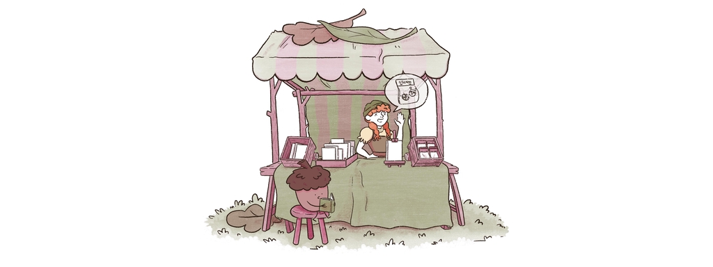 Mio qui tient un stand de marché avec Gland qui lis un livre devant. Eloise Mokhtari - Shop en Ligne