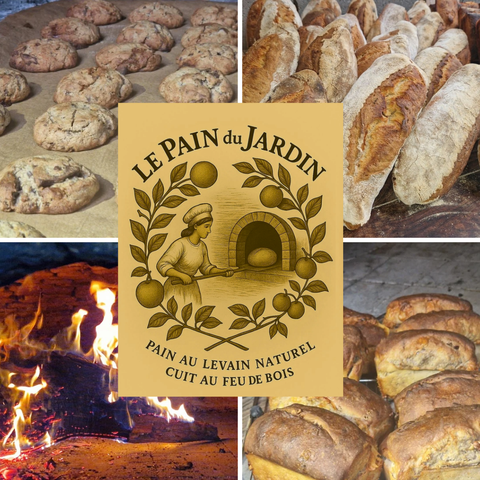 Pain biologique, pétri a la main, au levain, fermentation lente, cuisson au feu de bois. Pains spéciaux aux fruits du verger séchés au four à bois.