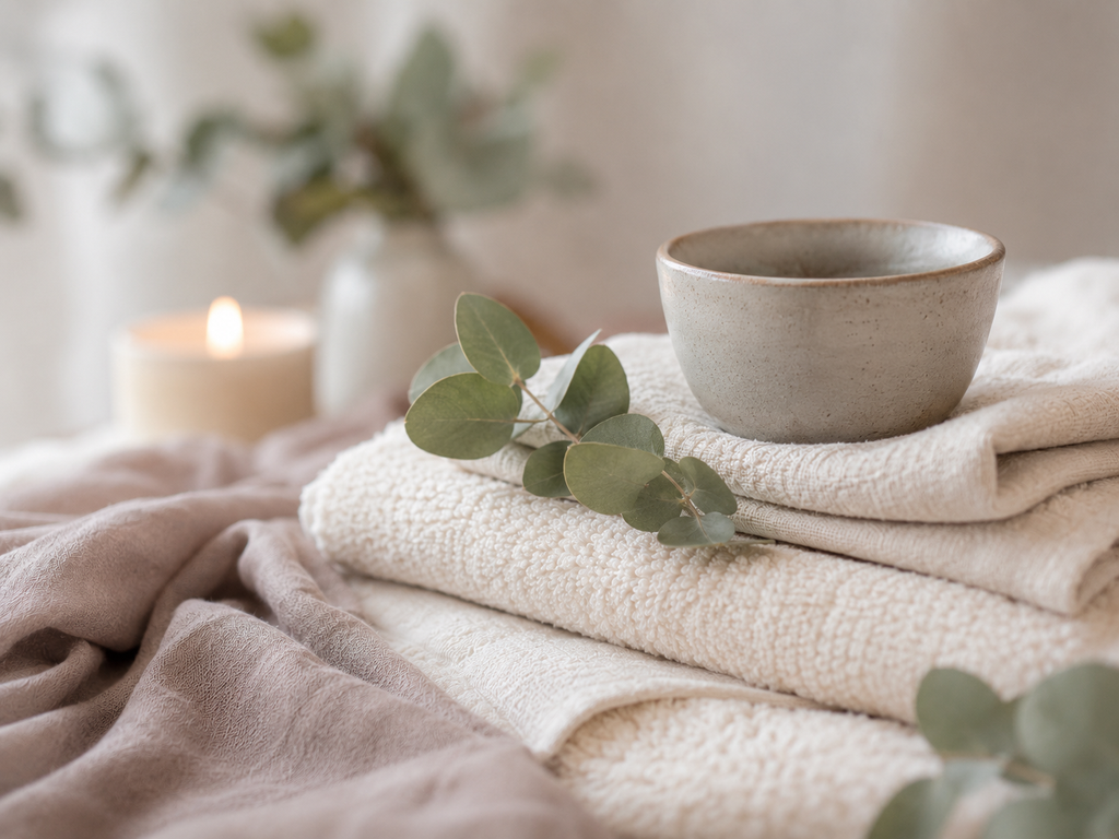Ambiance bien-être douce avec serviettes, eucalyptus et bougie chez Cap Relaxation à Montpellier