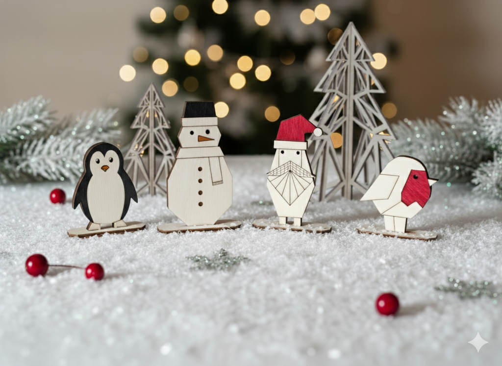 4 Small Laser Cut Wooden Figurines from left to right a Penguin, a snowman, Santa clause and a robin. Geometric and Minima lin design with a dash of colours (Red Black and Orange here and there) 