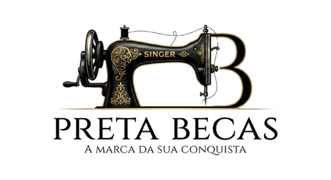 Logotipo da marca Preta Becas: ao centro, uma máquina de costura vintage preta com ornamentos dourados, integrada à letra B. Abaixo, o nome PRETA BECAS em letras maiúsculas elegantes e o slogan 'A marca da sua conquista' em uma linha final.