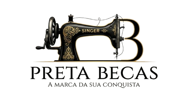 Logotipo da marca Preta Becas: ao centro, uma máquina de costura vintage preta com ornamentos dourados, integrada à letra B. Abaixo, o nome PRETA BECAS em letras maiúsculas elegantes e o slogan 'A marca da sua conquista' em uma linha final.