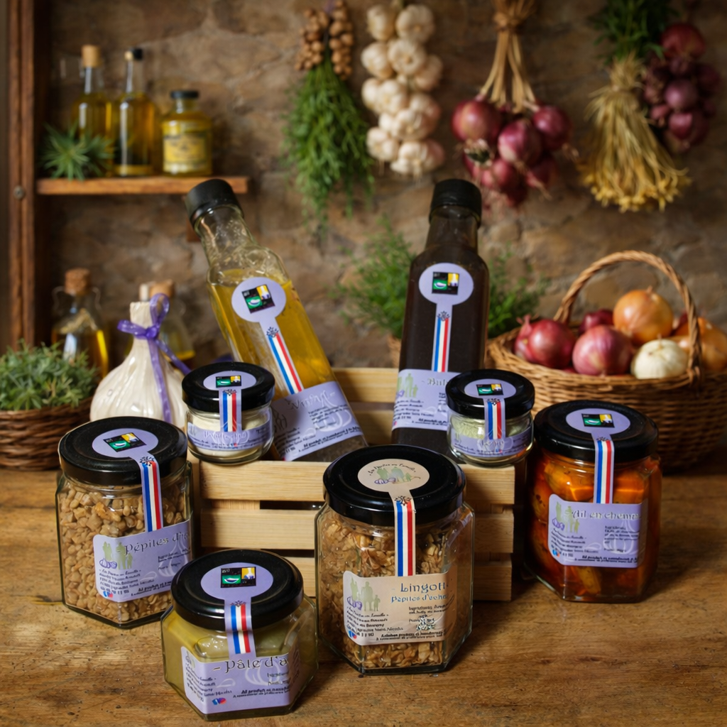 Les Pépites en Famille, c’est une aventure gourmande et familiale née d’une passion commune : sublimer l’ail et le transformer en une pépite de saveur dans vos assiettes. Nous avons à cœur de redonner à ce trésor de la terre toutes ses lettres de noblesse, en le travaillant avec soin, créativité et authenticité.