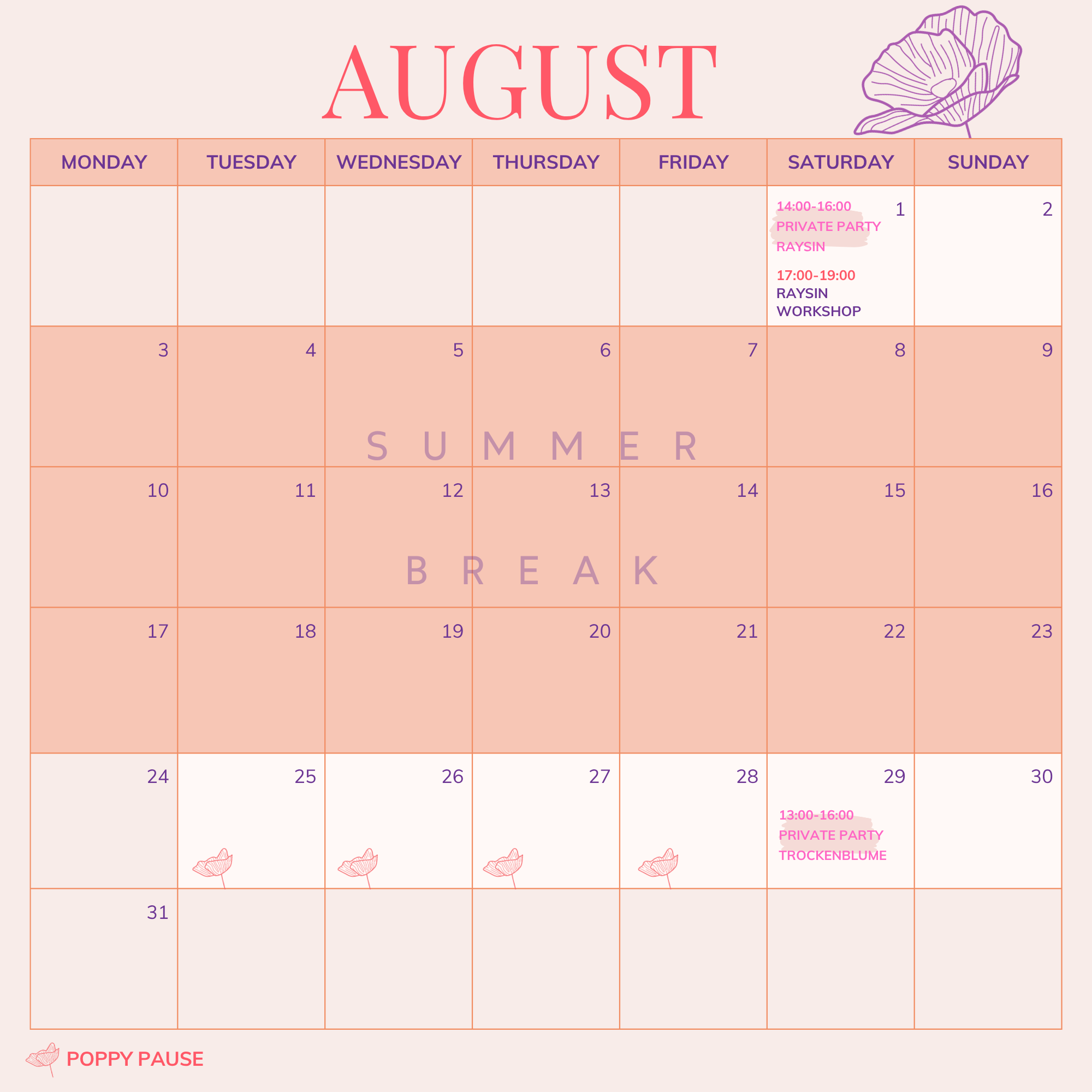 Monatlicher Workshop- und Eventkalender im Poppy Concept Store in München