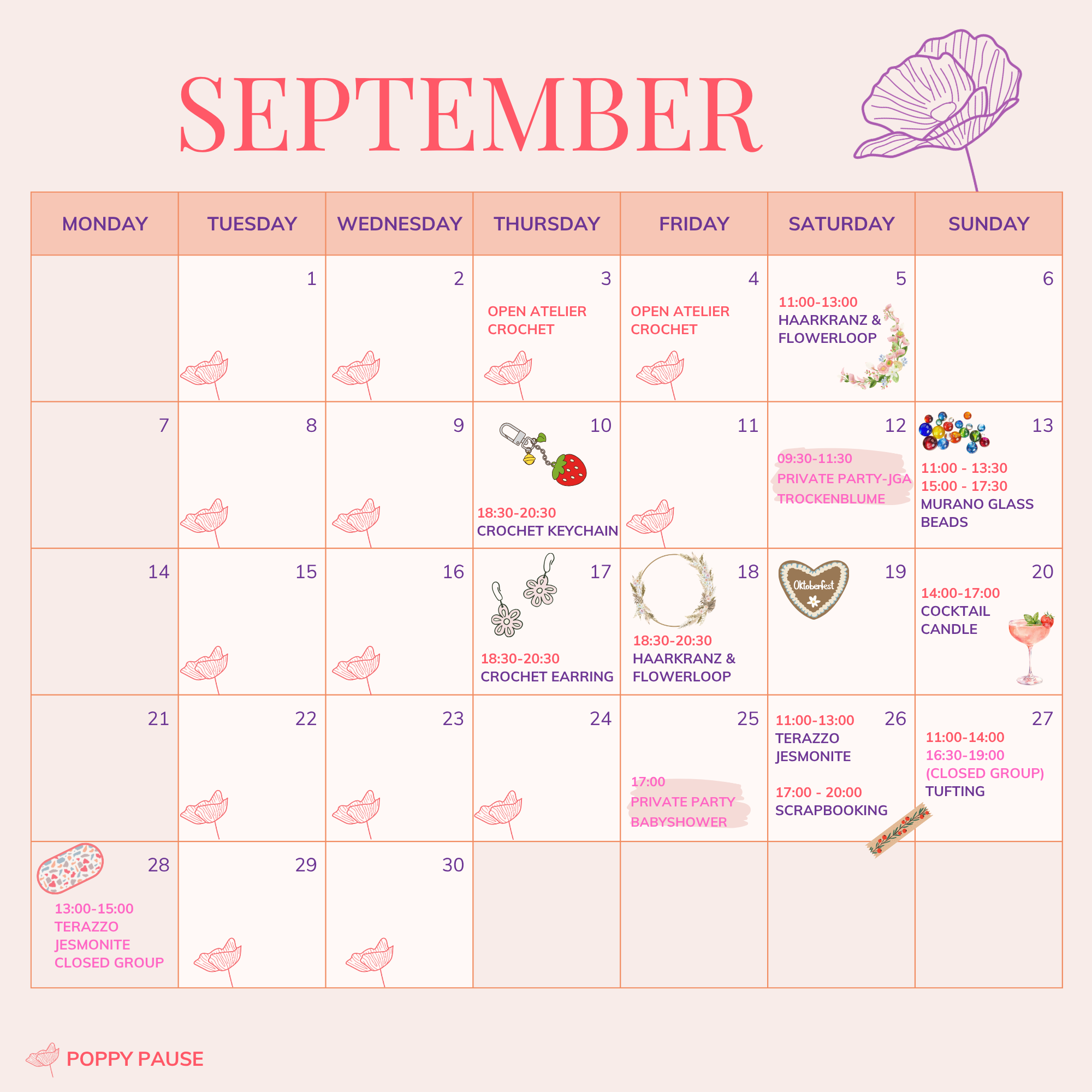Monatlicher Workshop- und Eventkalender im Poppy Concept Store in München