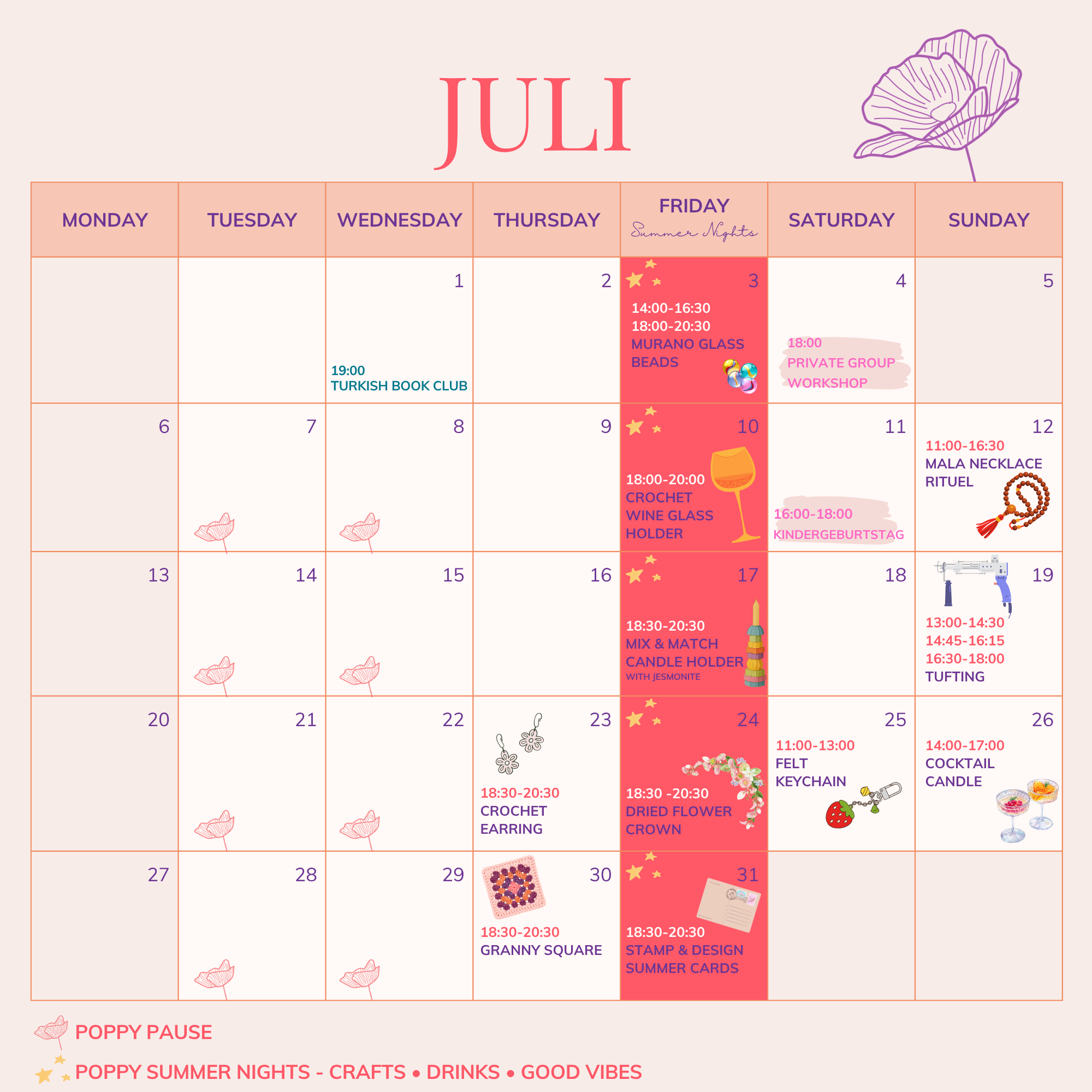 Monatlicher Workshop- und Eventkalender im Poppy Concept Store in München