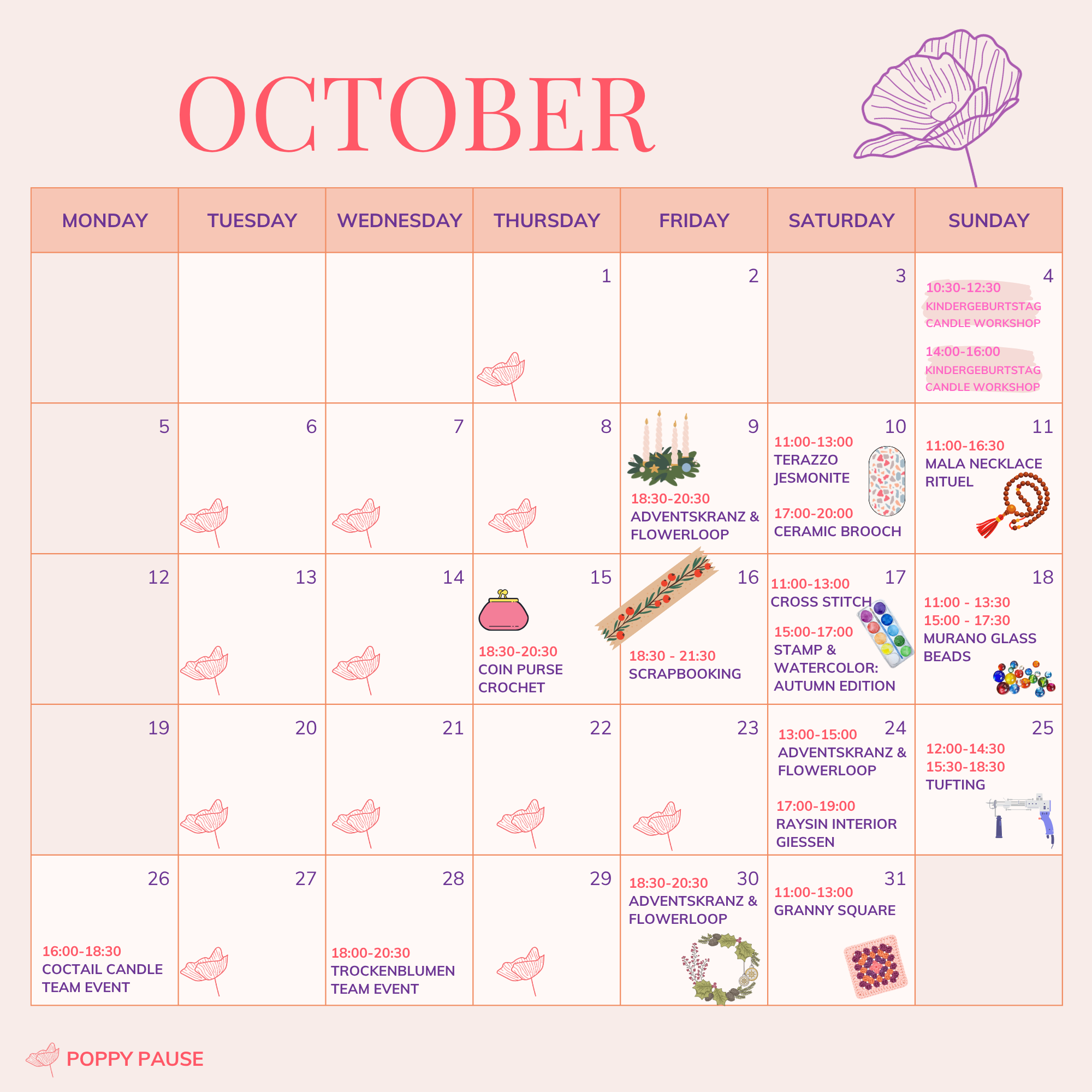 Monatlicher Workshop- und Eventkalender im Poppy Concept Store in München