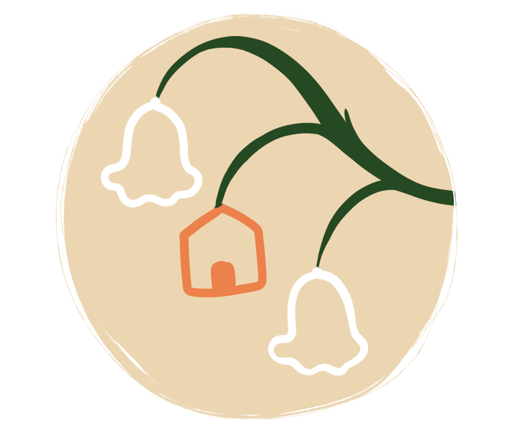 Logo do site Estufa de Cor que é um galho de três câmpulas brancas, onde a do meio na verdade é uma casinha, fazendo alusão a uma estufa.
As cores que compõe o logo são bege, laranja e verde.