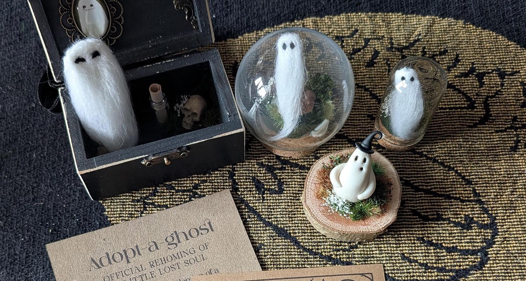 A collection of whimsical Adopt-a-ghosts looking for new homes to haunt
