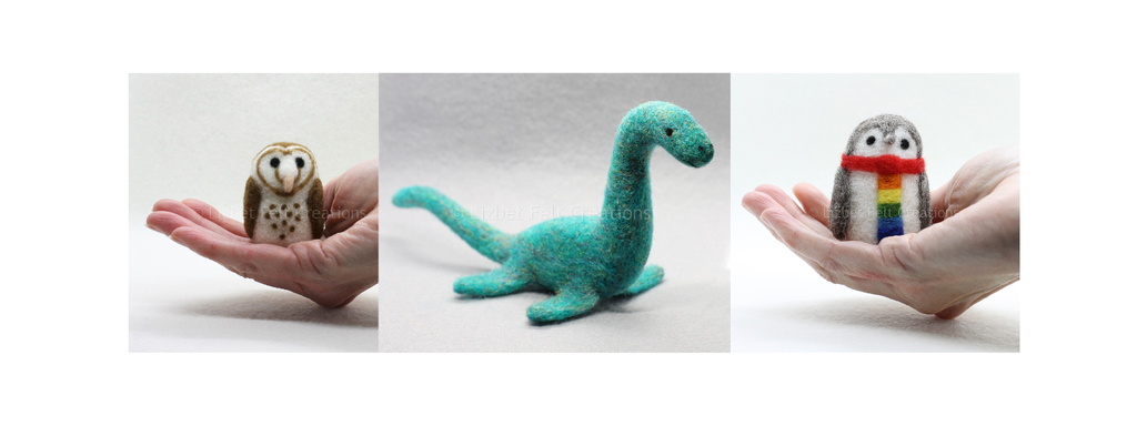 Needle felted barn owl, Nessie, penguin with a rainbow tie