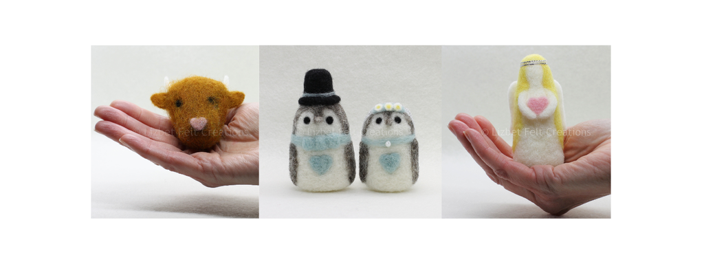 Needle felted Highland Cow, bride and groom penguins, angel