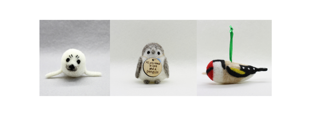 Needle felted seal, penguin, goldfinch