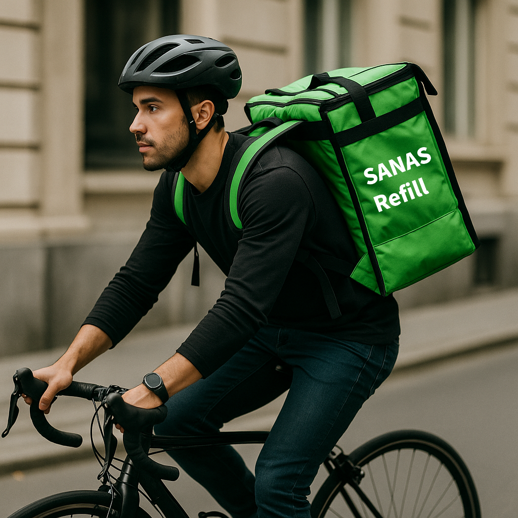 Ein Lieferant, der eine SANAS Lieferung auf dem Fahrrad erledigt