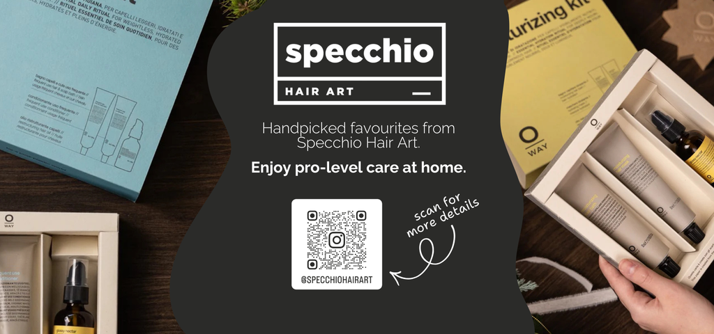 Specchio Hair Art banner featuring Oway professional hair care products, inviting users to join the Instagram profile for salon-quality hair care at home.