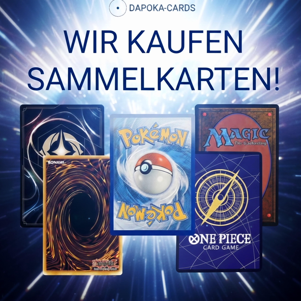 Bild zeigt eine Pokémon-Karte, eine MTG-Karte und eine Yu-Gi-Oh!-Karte, die auf einem Haufen Bargeld liegen, mit dem Aufruf "Sammelkarten Ankauf Top-Preise".