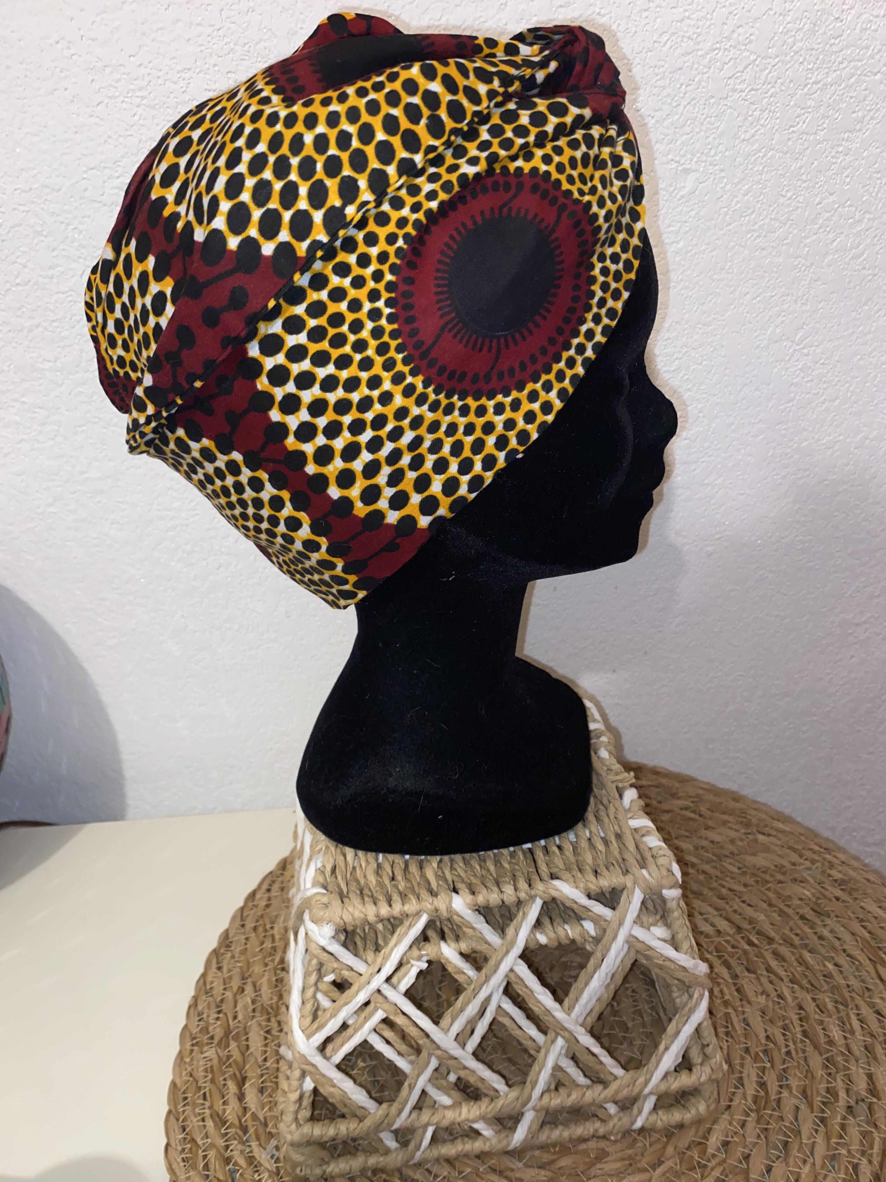 Turban fait main en wax africain coloré ou en soie unie doublée coton double gaze, accessoire capillaire élégant et protecteur pour tous types de cheveux.