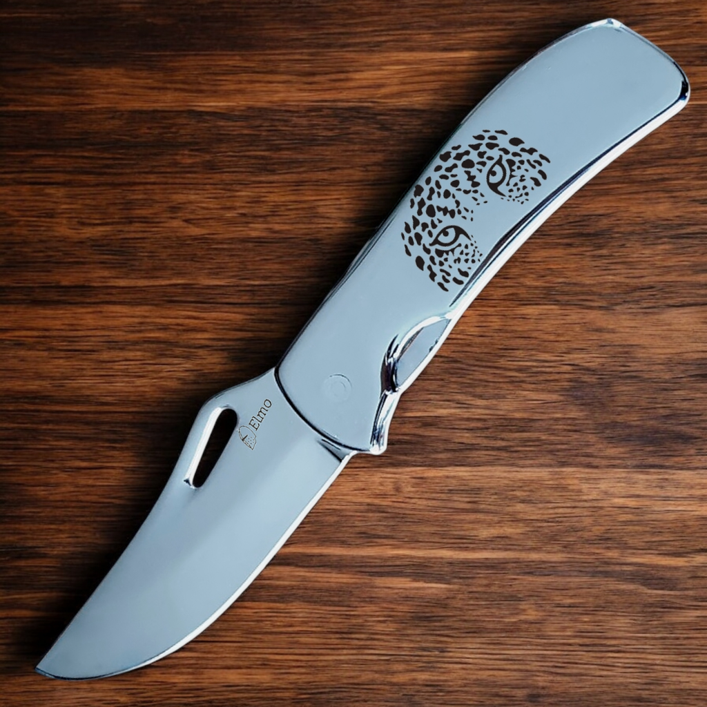 Canivete Monobloco Original Elmo Gravação Onça-pintada com Clipe de Bolso Aço Inox 420hc