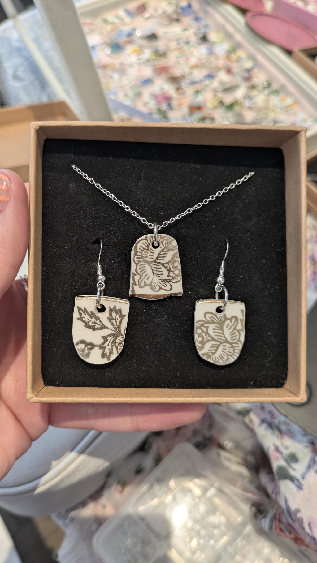 Handmade earrings and necklace set made from vintage plates, presented in a gift box. 
