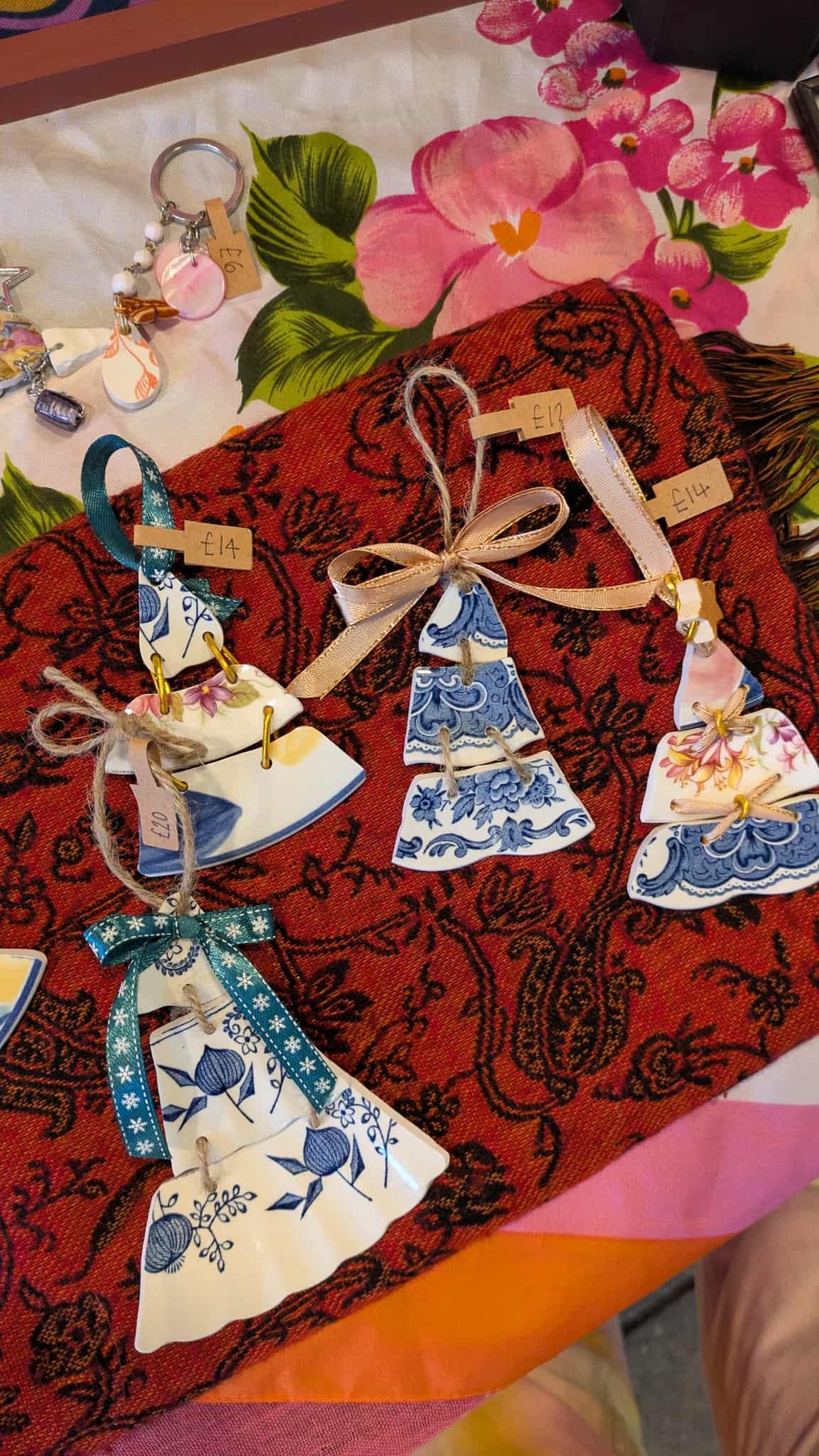 Handmade tree ornaments made from vintage repurposed plates.