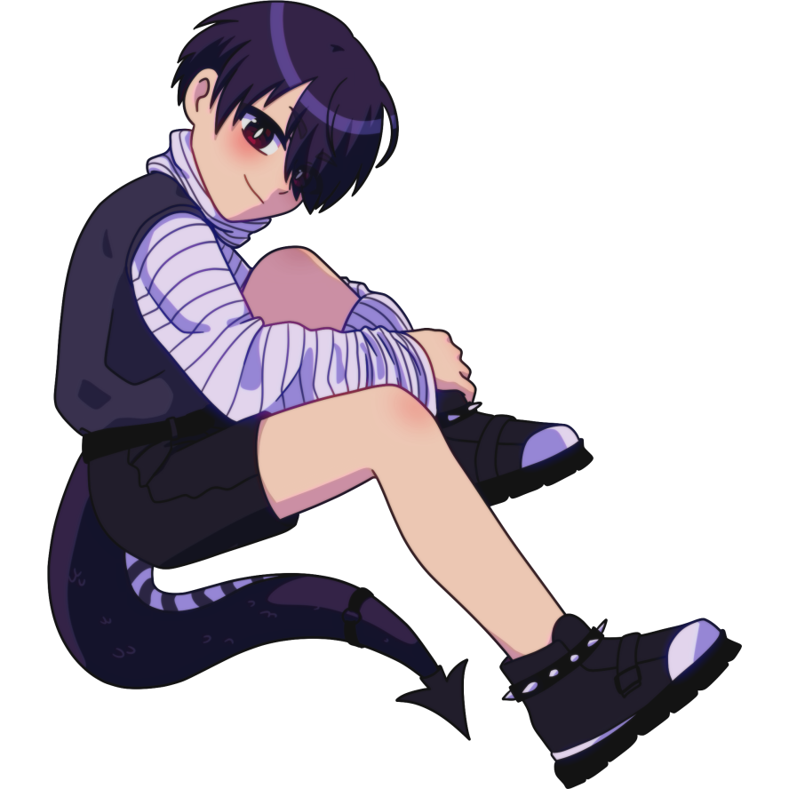 Smiling anime snake boy with bangs covering his eyes