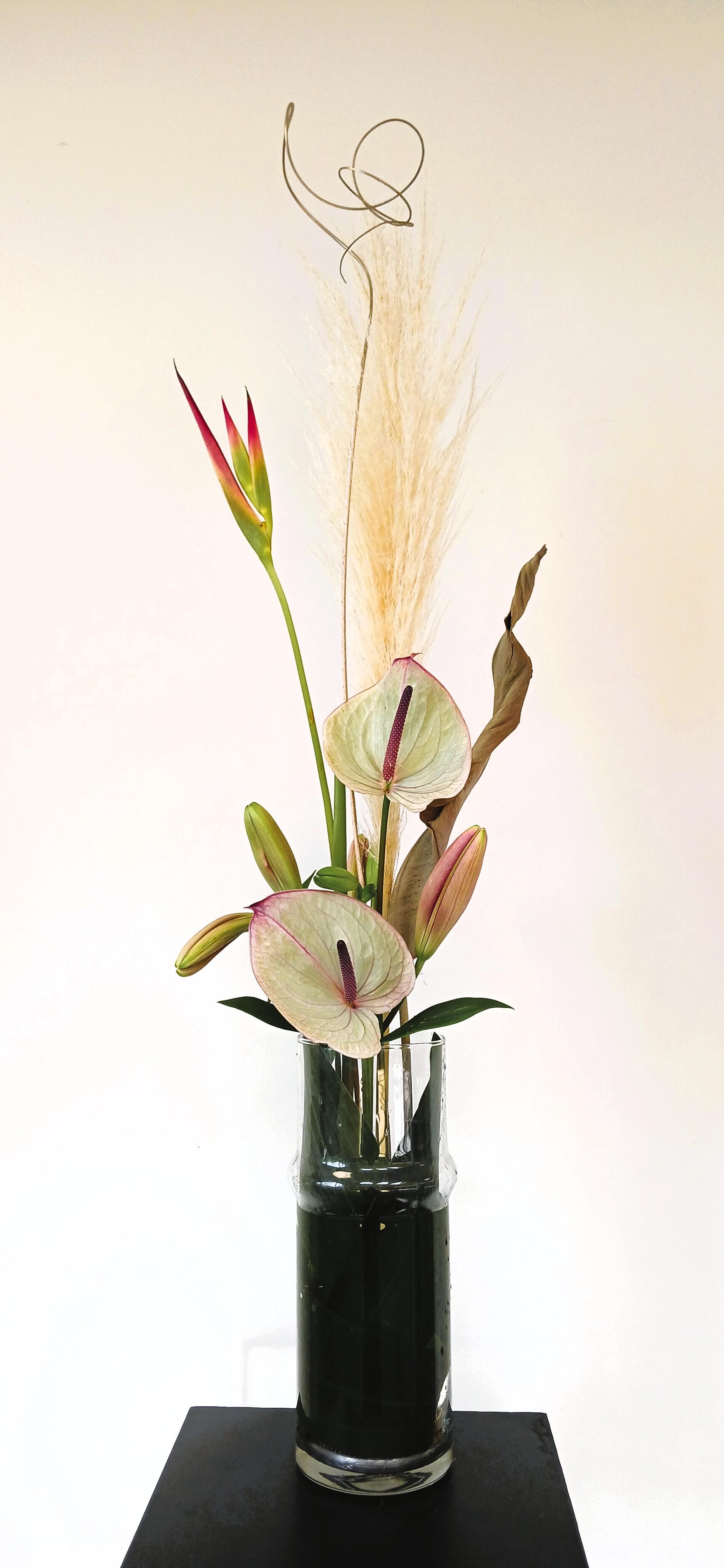 A contemporary arrangement of anthuriums and lilies in a glass vase.
